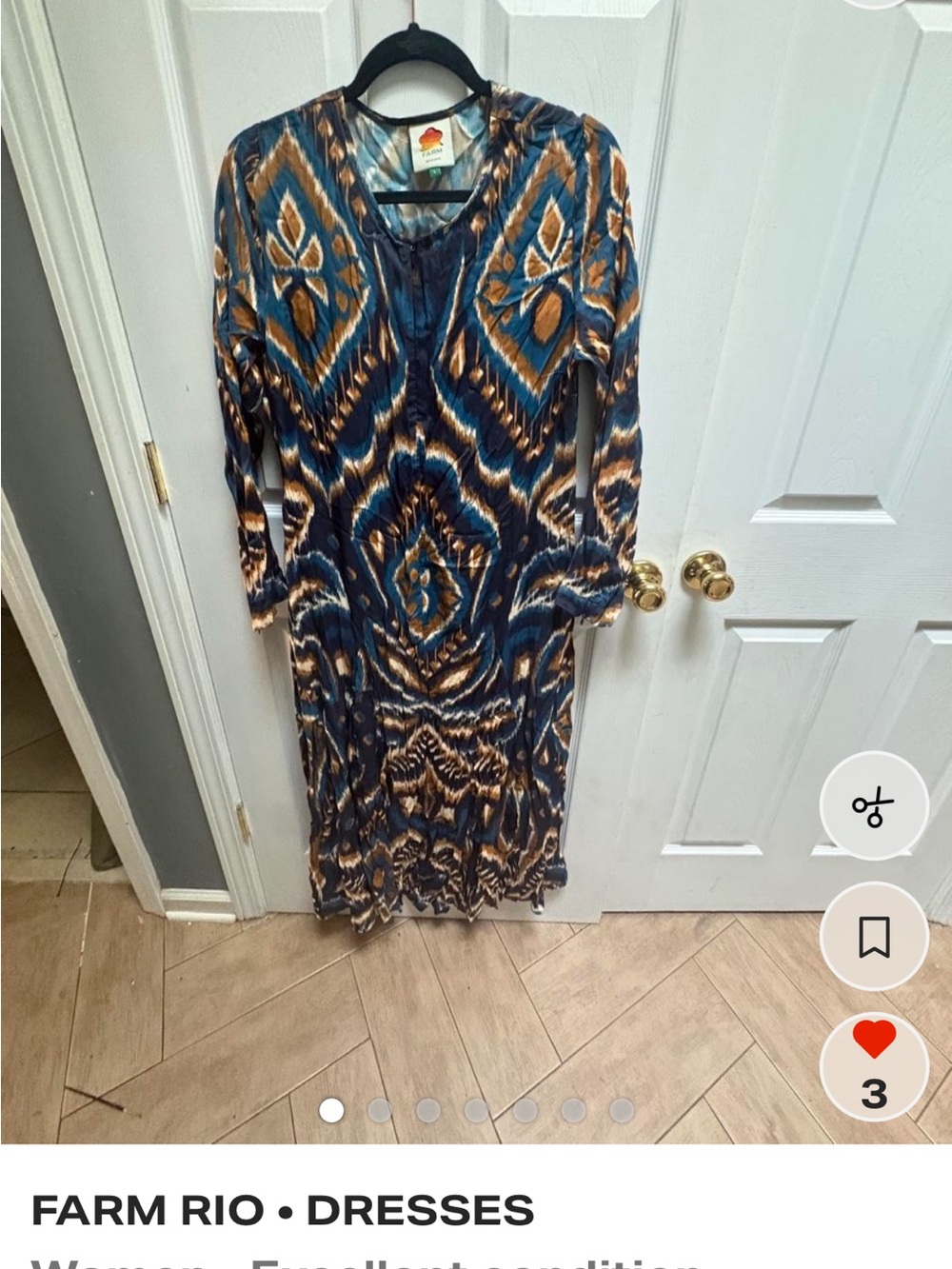 Farm Rio Navy and Tan Printed Long Sleeve Maxi Dress